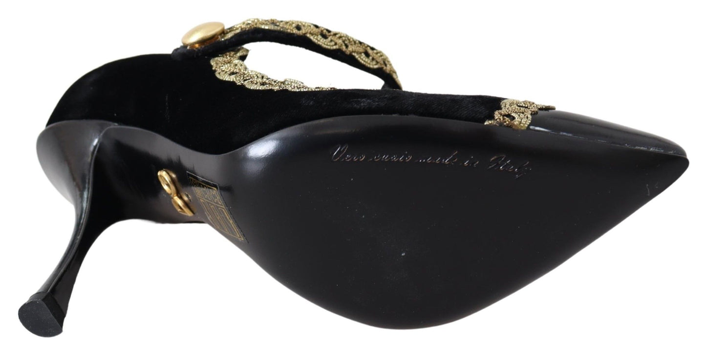 Dolce & Gabbana – Mary-Janes-Pumps aus schwarzem Samt in Gold