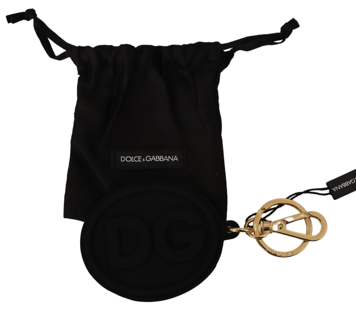 Dolce & Gabbana Schlüsselanhänger mit DG-Logo aus schwarzem Gummi und goldenem Messing
