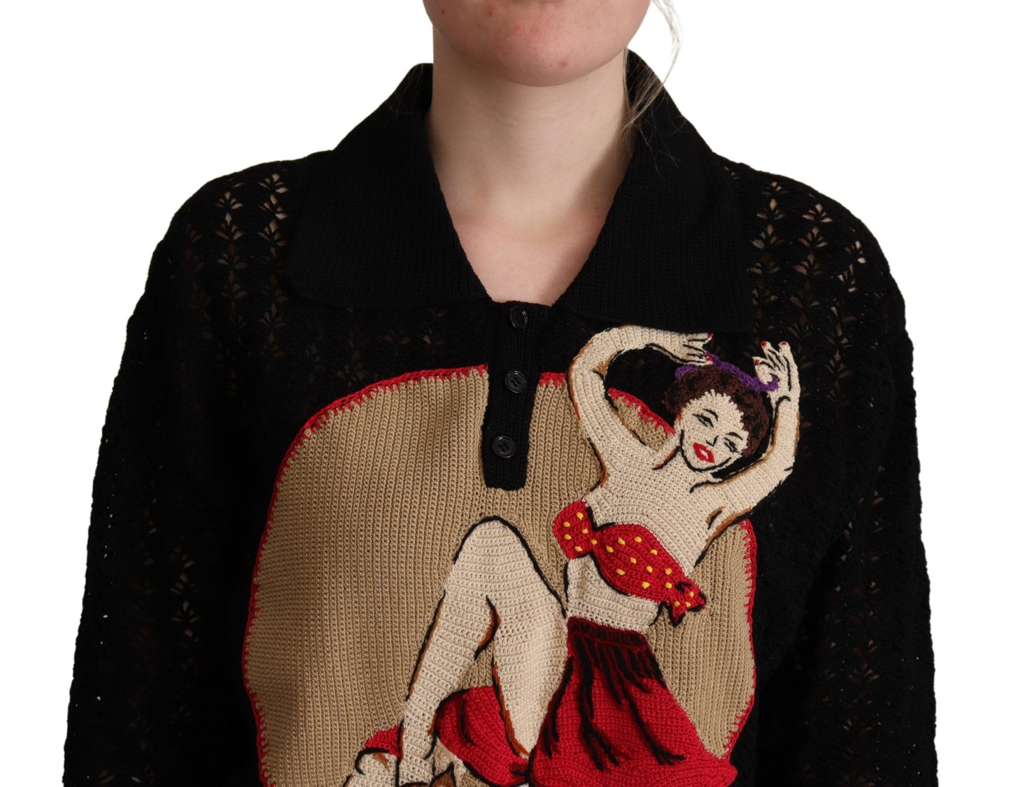 Dolce & Gabbana – Schwarzer, bestickter Strickpullover aus Baumwolle