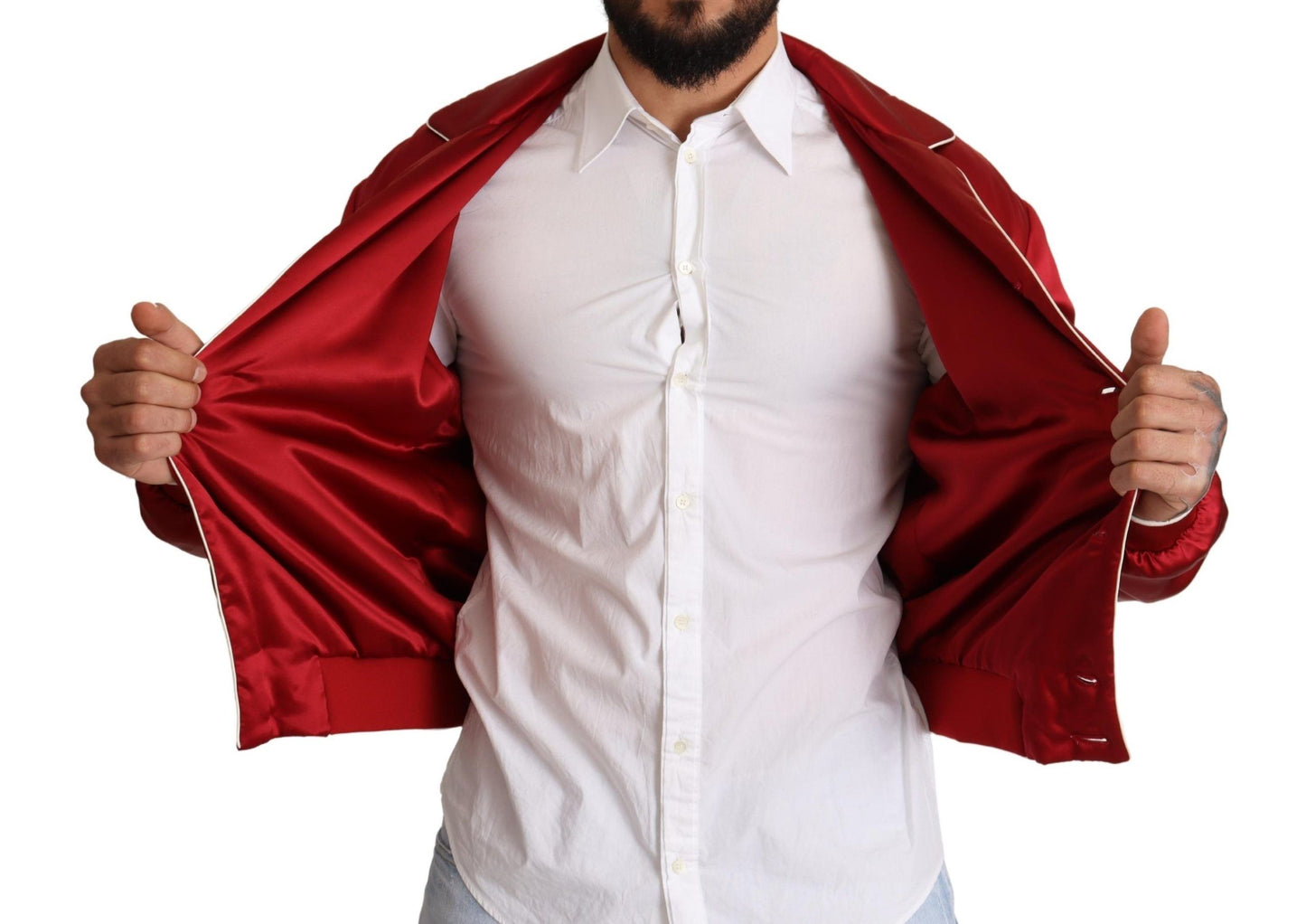 Dolce & Gabbana – Bomberjacke mit rotem Seidenknopf und DG-Logo