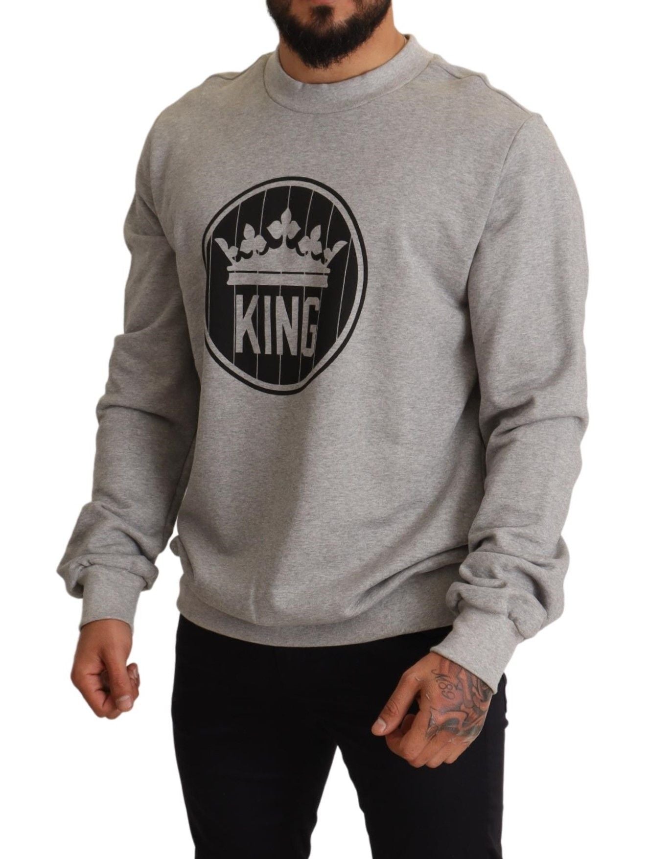 Dolce & Gabbana Grauer Baumwollpullover mit Crown King-Print