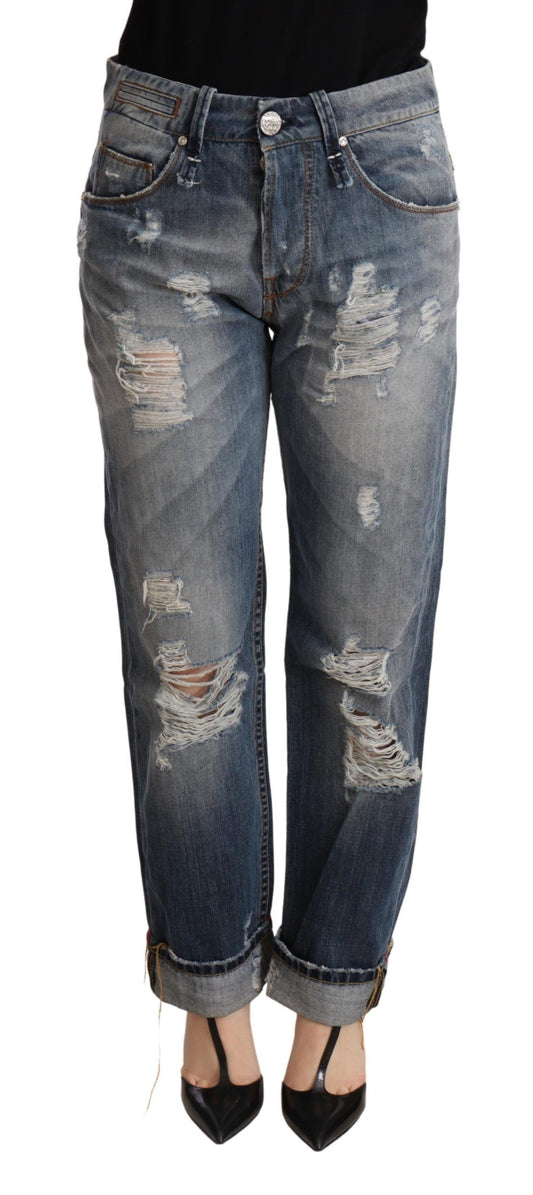Acht – Blaue, zerfetzte, gerade Jeanshose mit mittlerer Taille