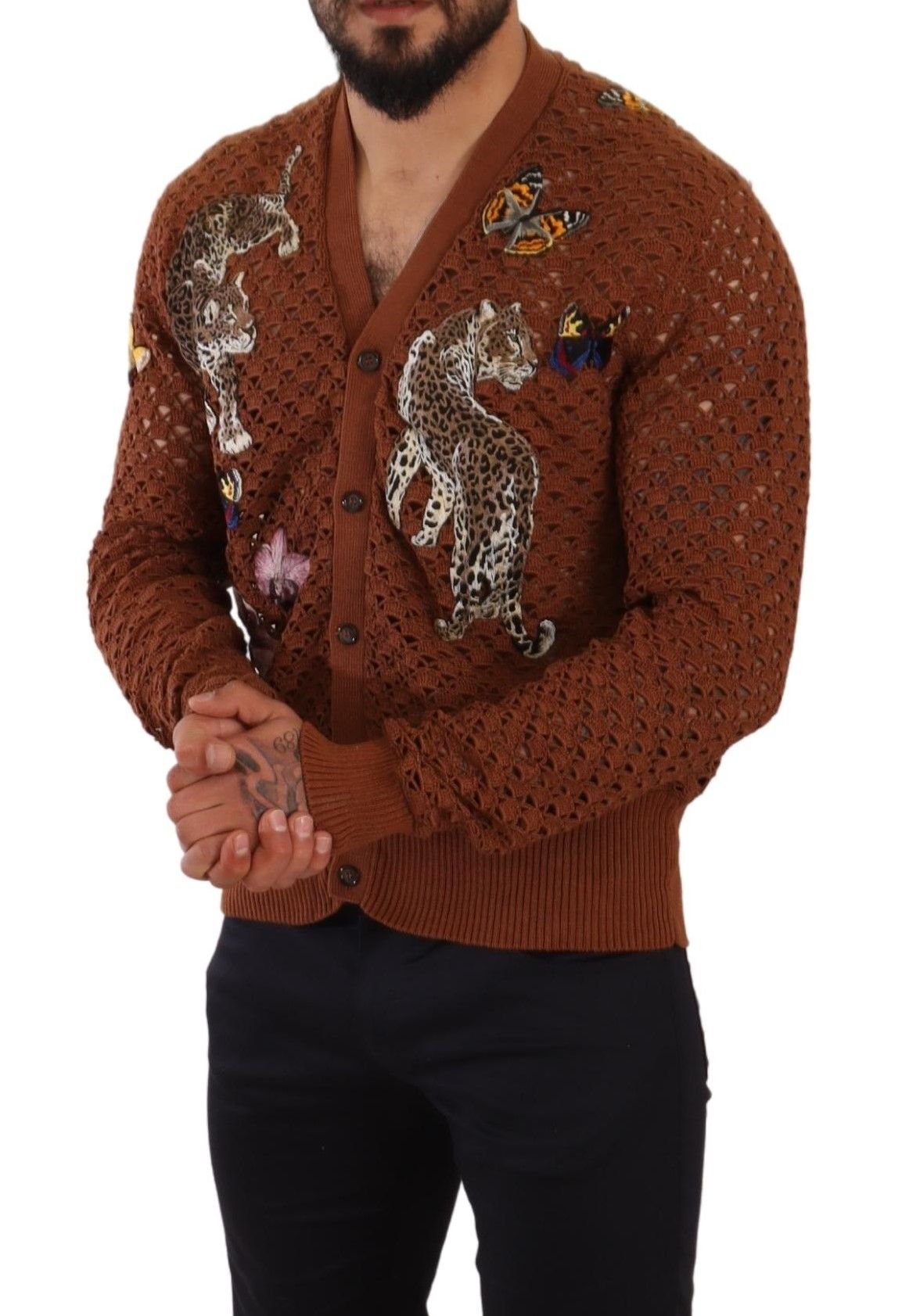 Dolce & Gabbana Brauner Cardigan-Pullover mit Leopardenmuster und Schmetterlingen