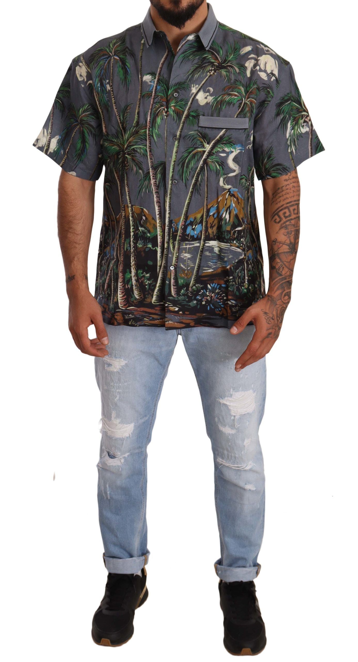 Dolce & Gabbana – Graues Leinenhemd mit tropischem Print und Kragen