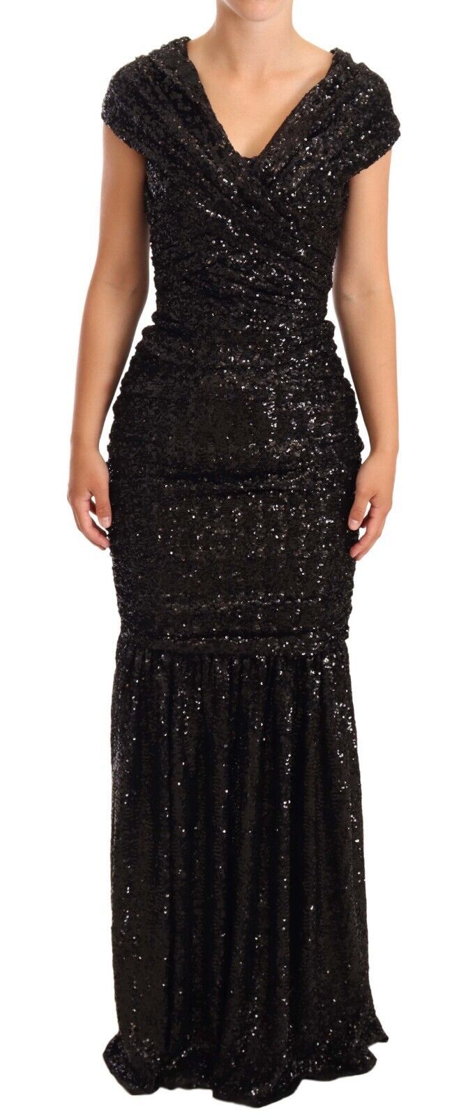 Dolce & Gabbana – Langes, schulterfreies Kleid mit schwarzen Pailletten