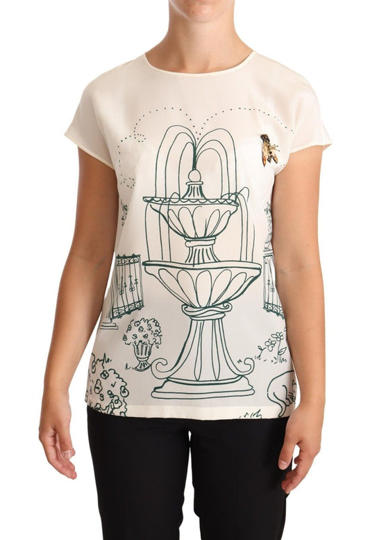 Dolce & Gabbana – Weiße Seiden-T-Shirt-Bluse „Garden Fountain“