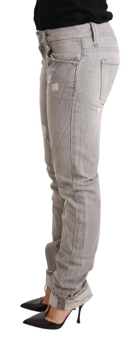 Acht – Graue, zerfetzte Slim-Fit-Jeans aus Baumwolle mit umgeschlagenem Saum für Damen