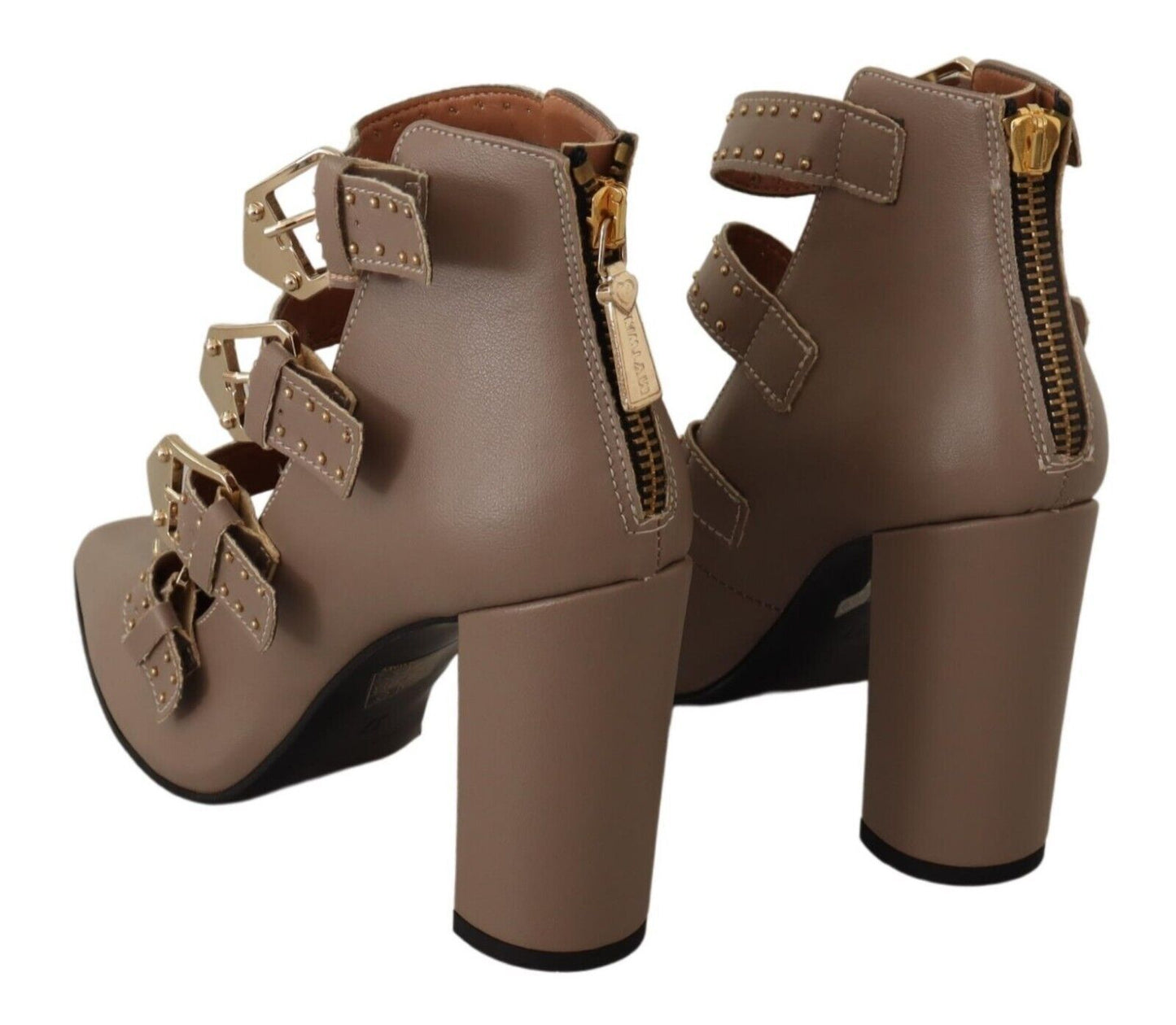 MY TWIN – Pumps aus braunem Leder mit Blockabsatz und mehreren Schnallen