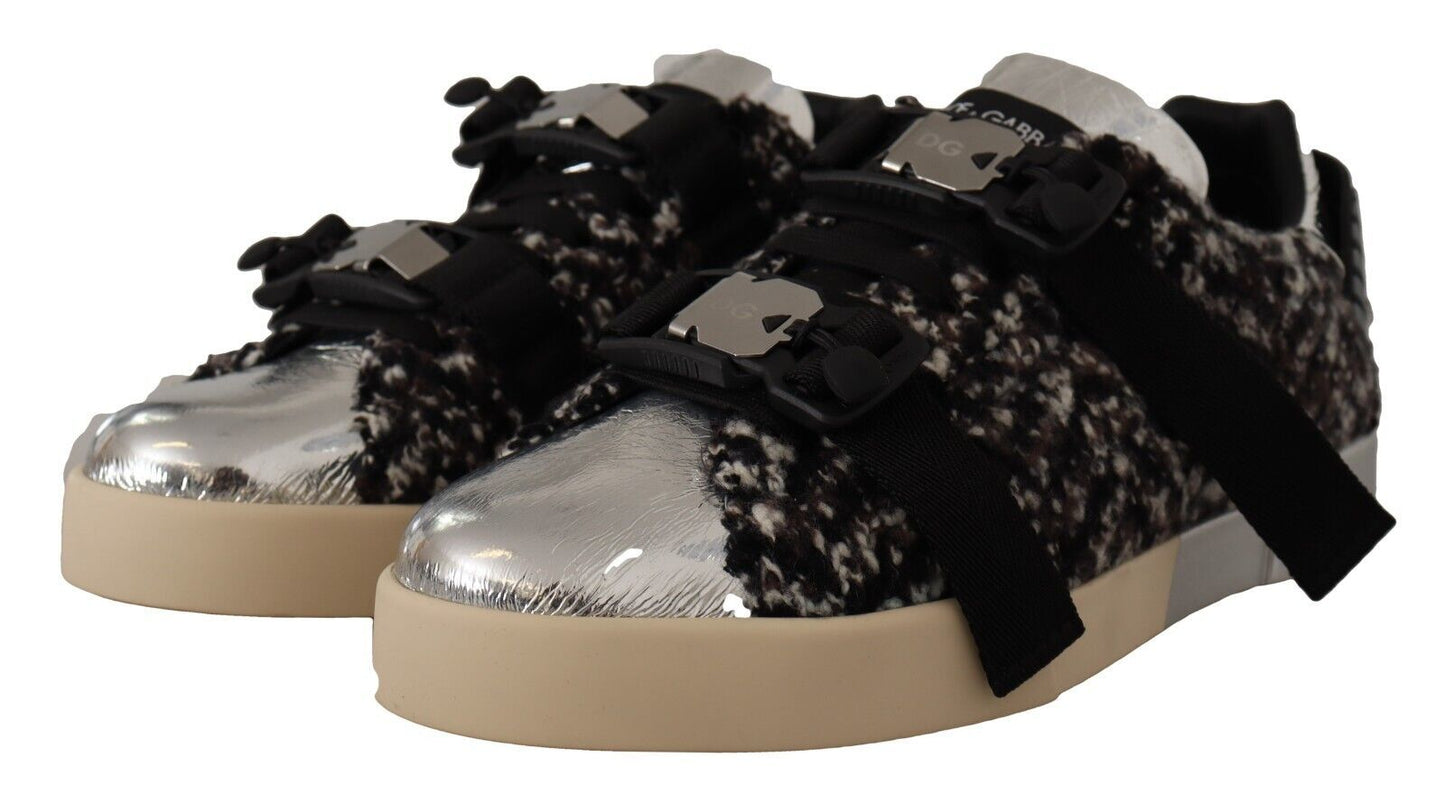 Dolce & Gabbana Silber Leder Braun Baumwolle Wolle Sneakers Schuhe