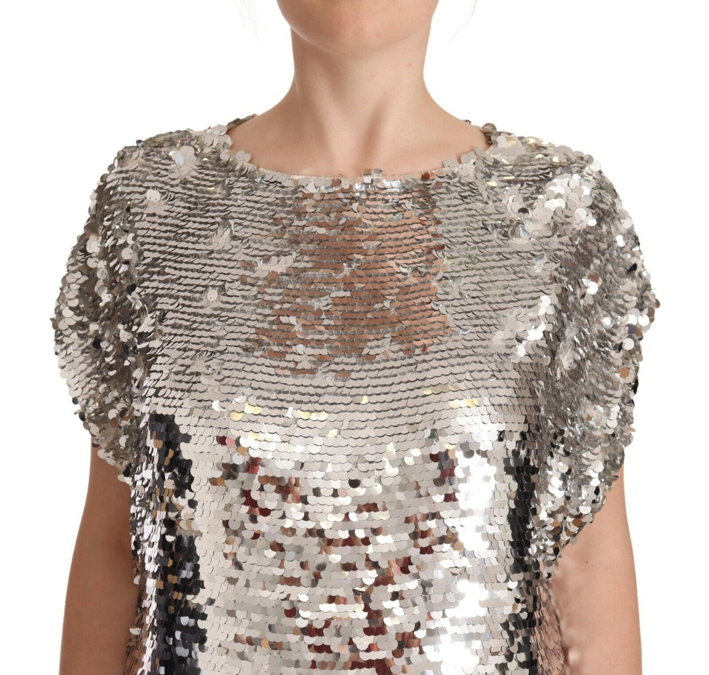 MSGM – Silbernes, paillettenbesetztes Minikleid aus Polyester mit kurzen Ärmeln