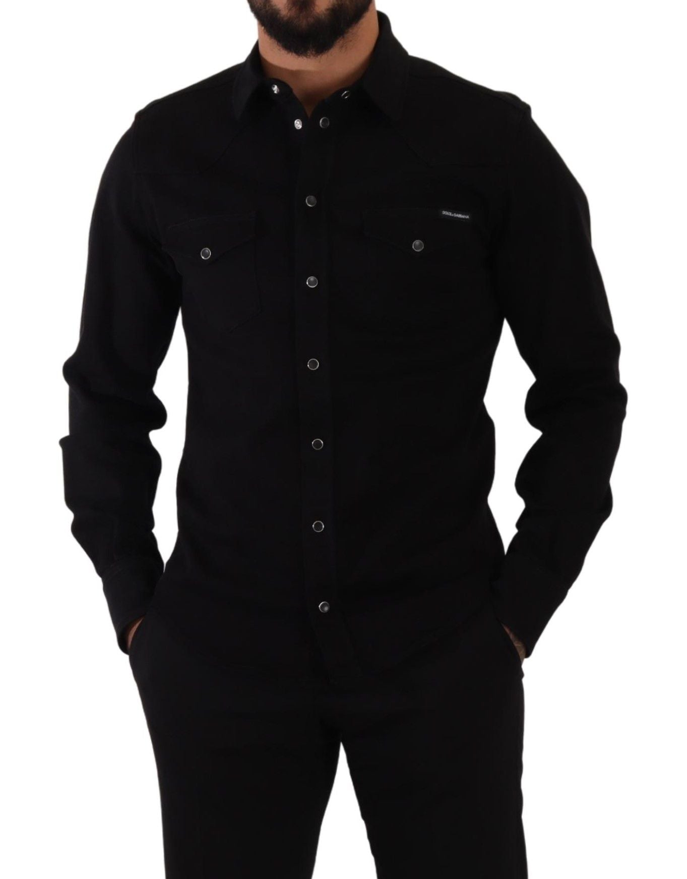 Dolce & Gabbana – Schwarzes, schmales Stretch-Hemd aus Baumwolldenim
