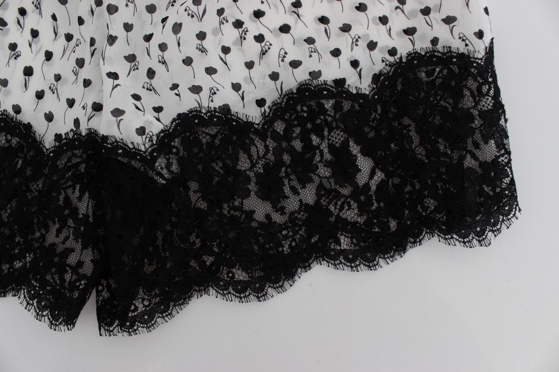 Dolce & Gabbana – Nachtwäsche-Shorts aus Seide mit Blumenspitze in Weiß und Schwarz