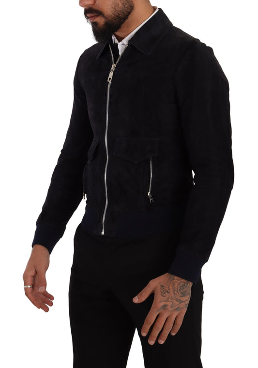 Dolce & Gabbana Blaue Wildleder-Lammfell-Ledermanteljacke