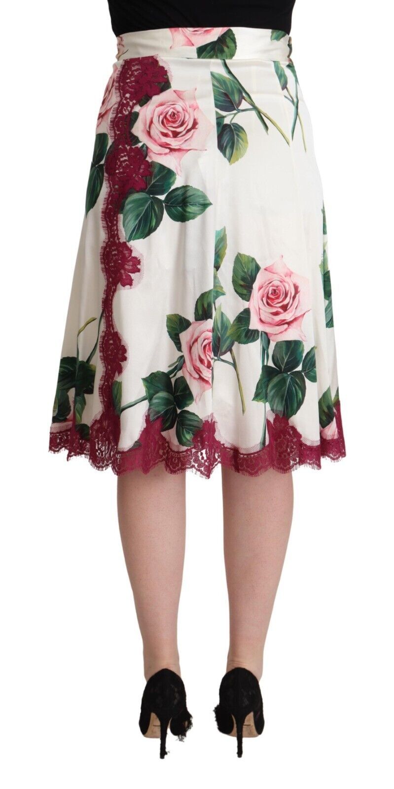Dolce & Gabbana – Midirock in A-Linie mit hoher Taille und Rosenprint in Weiß