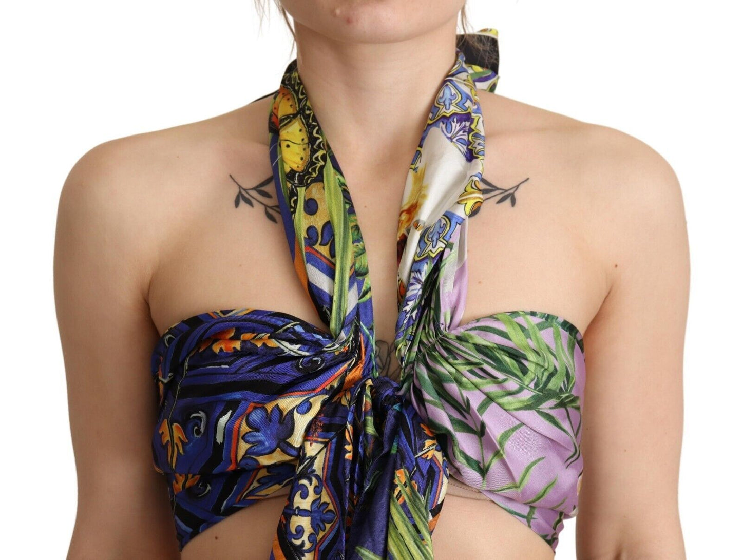 Dolce & Gabbana – Mehrfarbiges Neckholder-Crop-Top aus Seide mit Foulard