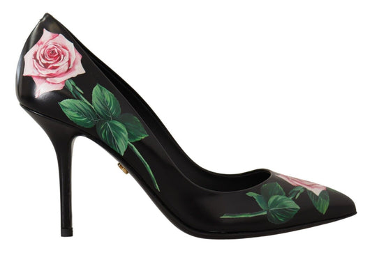 Dolce & Gabbana Schwarze Leder Rosen High Heels Pumps Schuhe