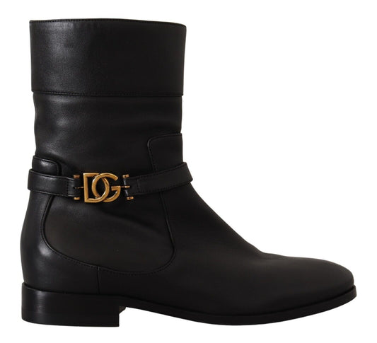 Dolce & Gabbana Schwarze Leder-Flats Logo Kurze Stiefel Schuhe