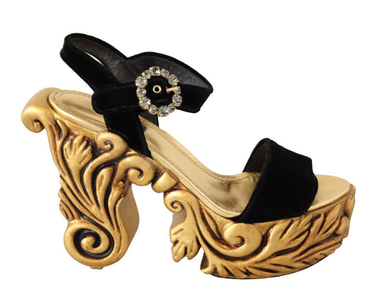 Dolce & Gabbana Schwarzgoldene Barock-Samt-Heels mit Kristallen