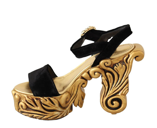 Dolce & Gabbana Schwarzgoldene Barock-Samt-Heels mit Kristallen