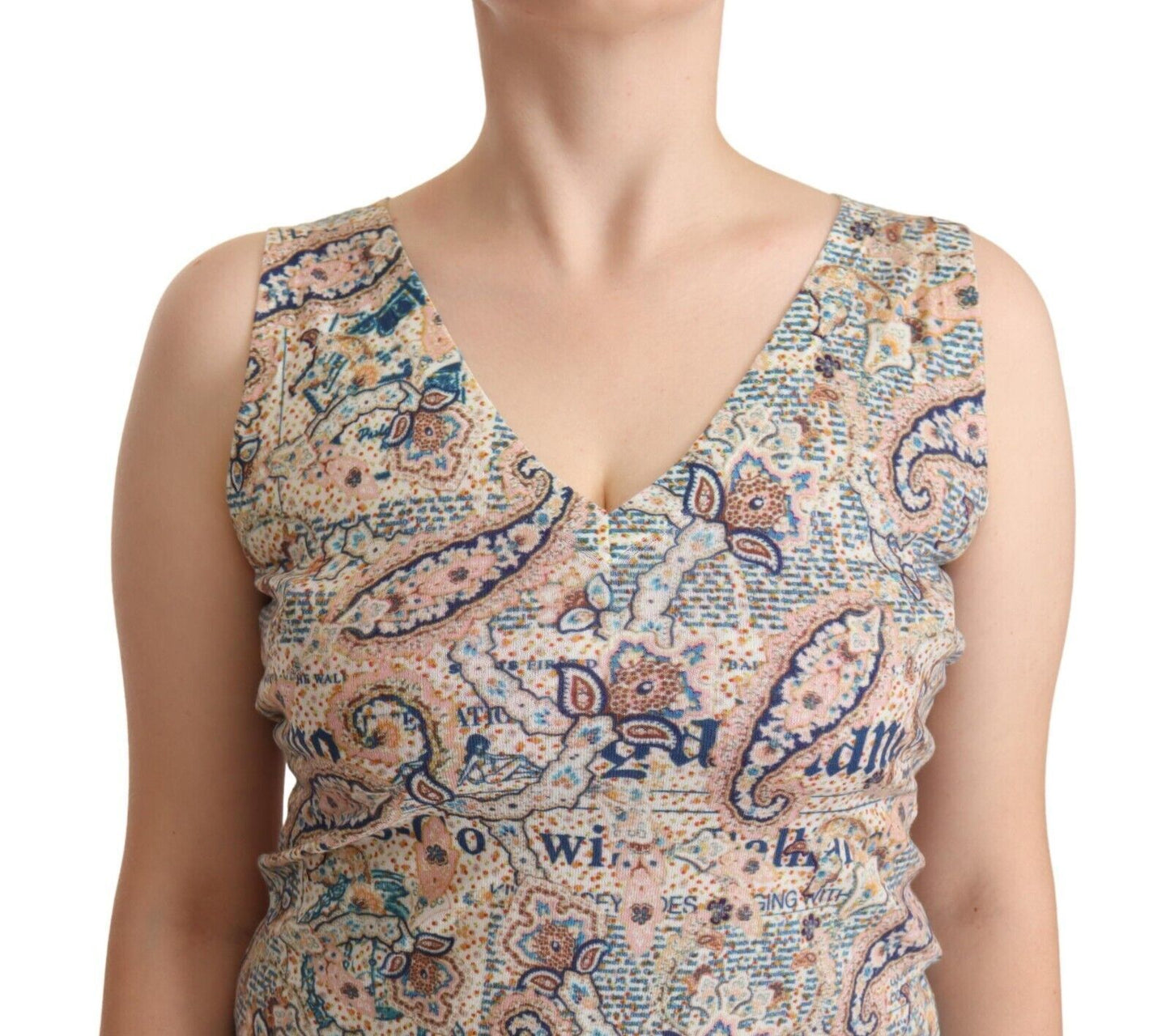 John Galliano Mehrfarbiges ärmelloses Tanktop aus Baumwolle mit V-Ausschnitt