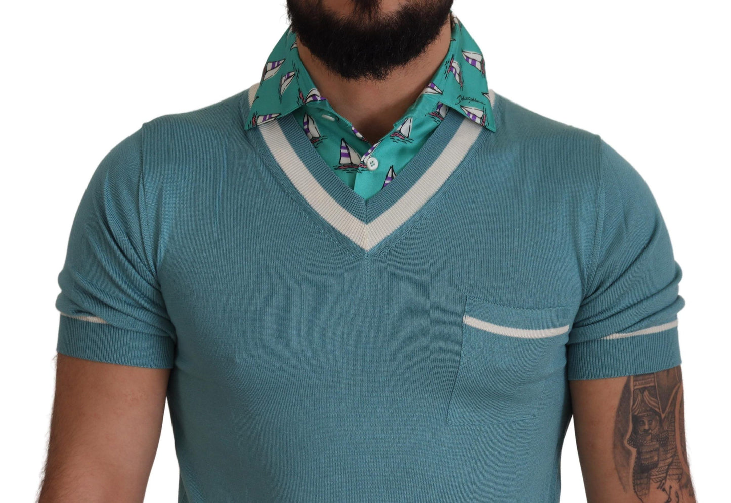 Dolce & Gabbana Blaues Poloshirt aus Seide für Herren mit V-Ausschnitt