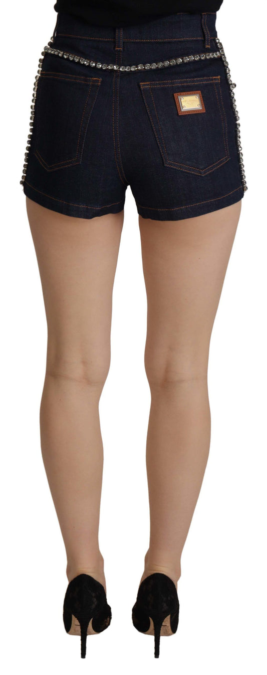 Dolce & Gabbana – Hotpants-Shorts aus Stretch-Denim mit Kristallen in Blau