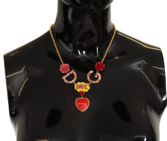 Dolce & Gabbana Gold Rose Love Kristall Charm Kette Halskette