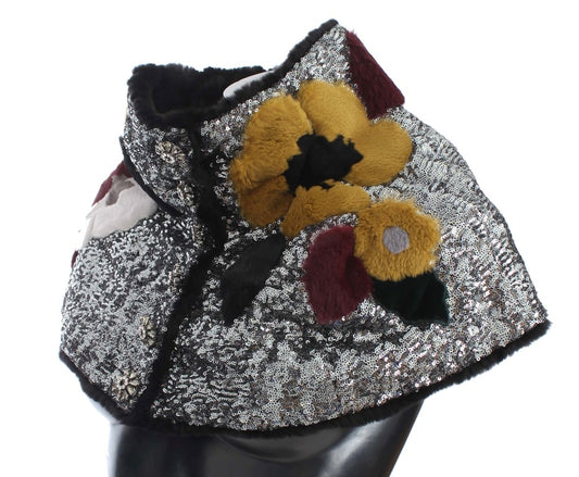 Dolce & Gabbana – Schulterschal mit Blumenmuster und Wieselfell in Silber