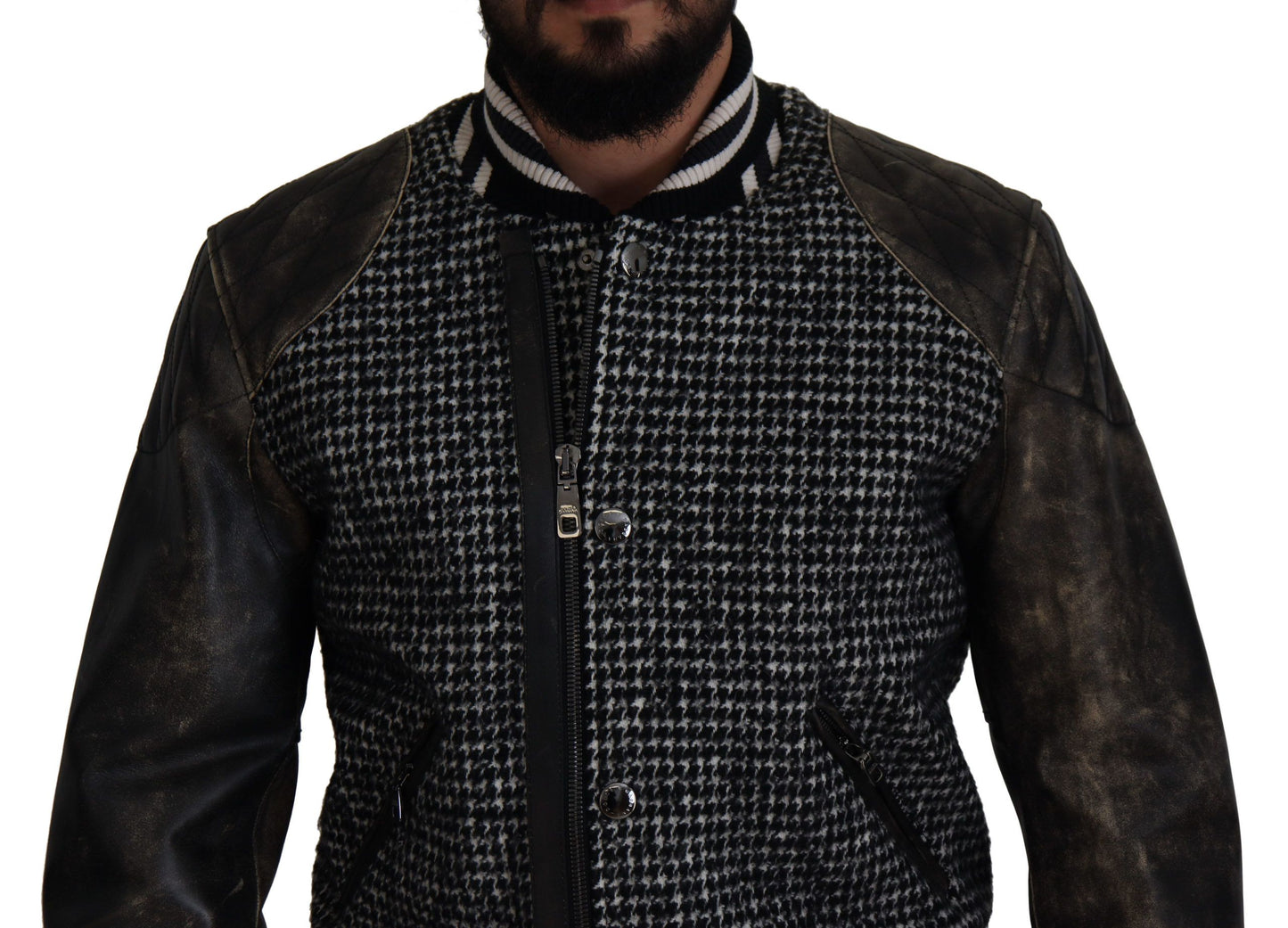 Dolce & Gabbana Dark Gray Houndstooth Polyester Bomber Jacket