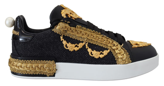 Dolce & Gabbana Schwarz Gold Baroque Portofino Leder Sneakers Schuhe