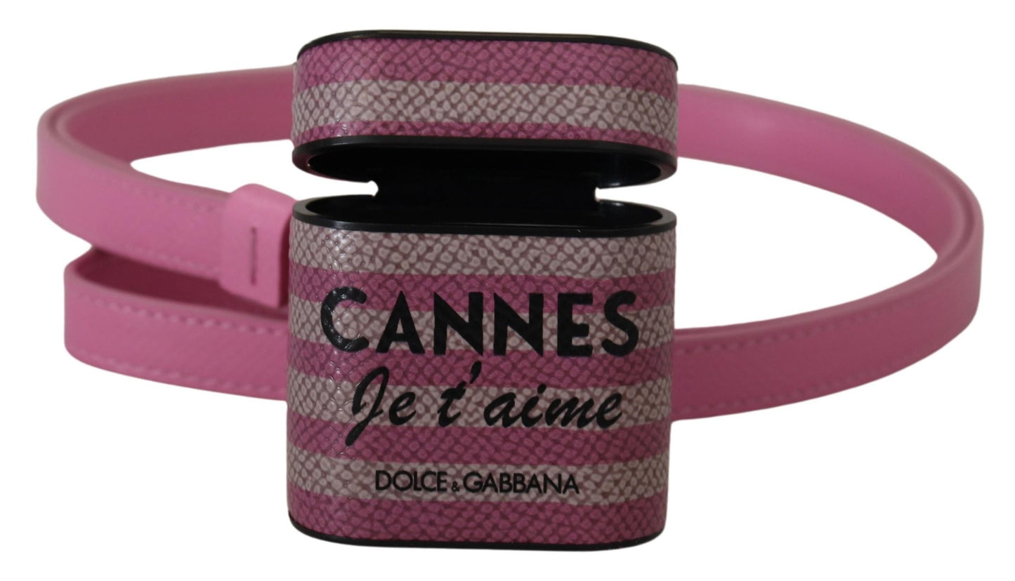 Dolce & Gabbana – Airpods-Hülle mit rosa-schwarzem Lederarmband und goldenem Metalllogo