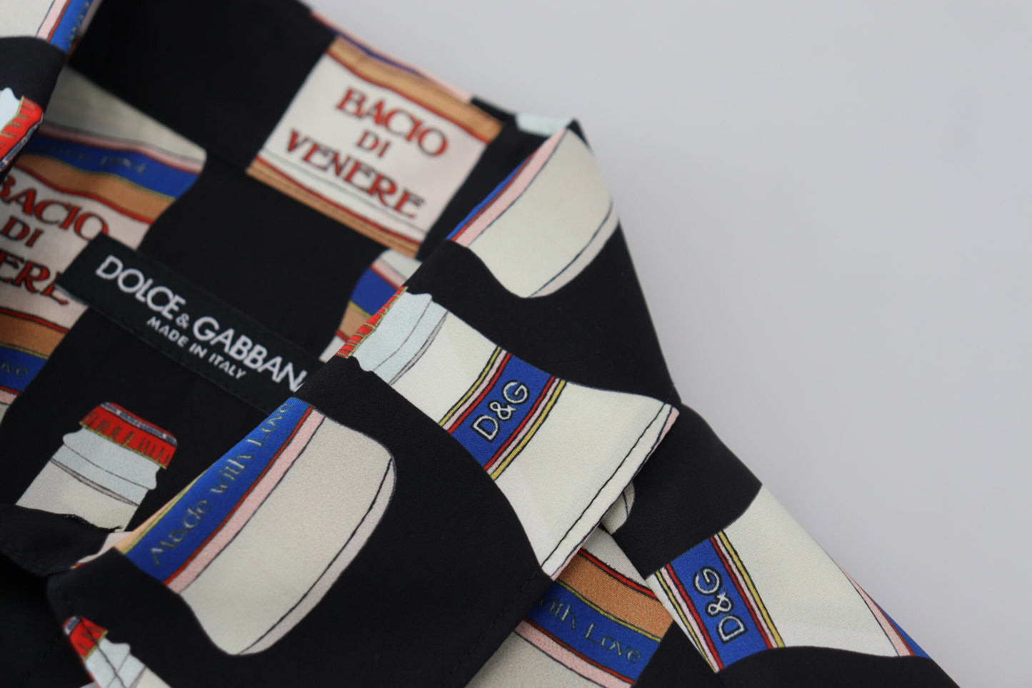 Dolce & Gabbana – Schwarzes, bedrucktes Herren-Freizeithemd mit Kragen aus Seide