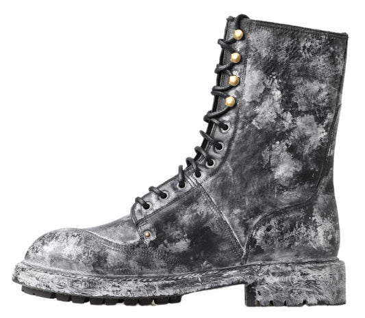 Dolce & Gabbana Schwarz Grau Leder Halbhohe Stiefel Schuhe