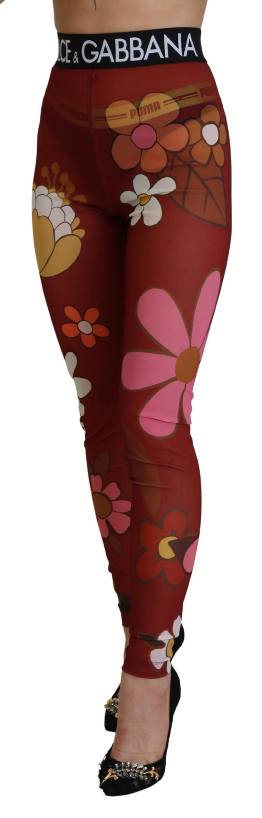 Dolce & Gabbana Rote Leggings mit Blumenmuster und Stretchbund