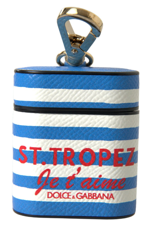 Dolce & Gabbana – Airpod-Hülle aus Dauphine-Leder mit blauen Streifen und Logo-Print