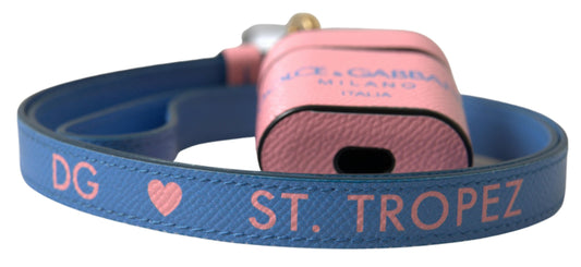 Dolce & Gabbana – Airpods-Hülle mit Logo-Print-Riemen aus rosa-blauem Kalbsleder