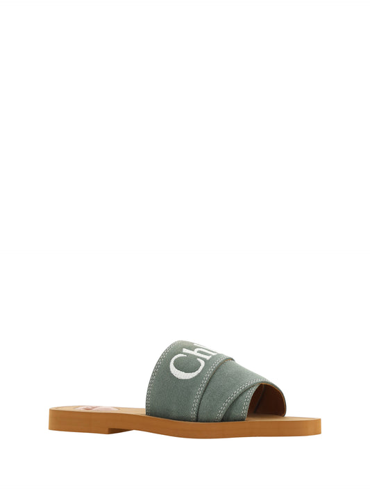 Chloé Elegante waldgrüne Baumwoll-Slides