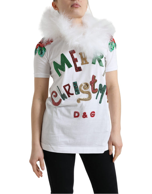 Dolce & Gabbana Weißes Baumwoll-T-Shirt mit Weihnachtspailletten und Pelz