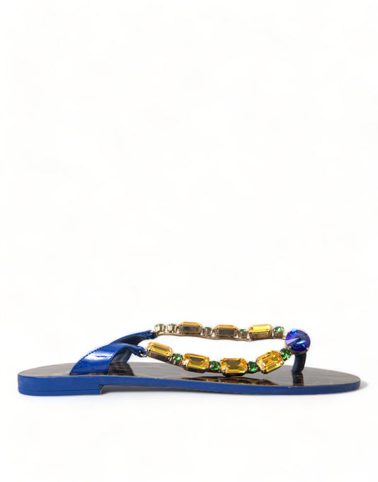 Dolce & Gabbana Blaue Kristalle Flats Sandalen Beachwear Schuhe