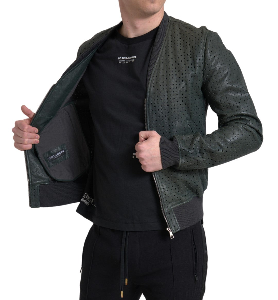 Dolce & Gabbana – Grüne Bomberjacke aus perforiertem Leder