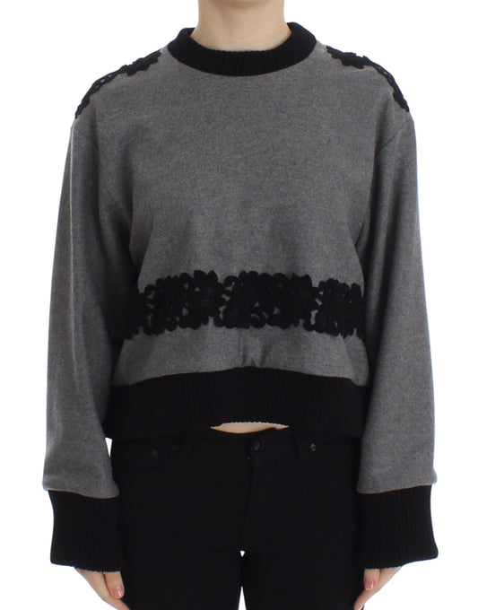 Dolce & Gabbana Grau-schwarzer Woll-Kaschmirpullover mit Spitze