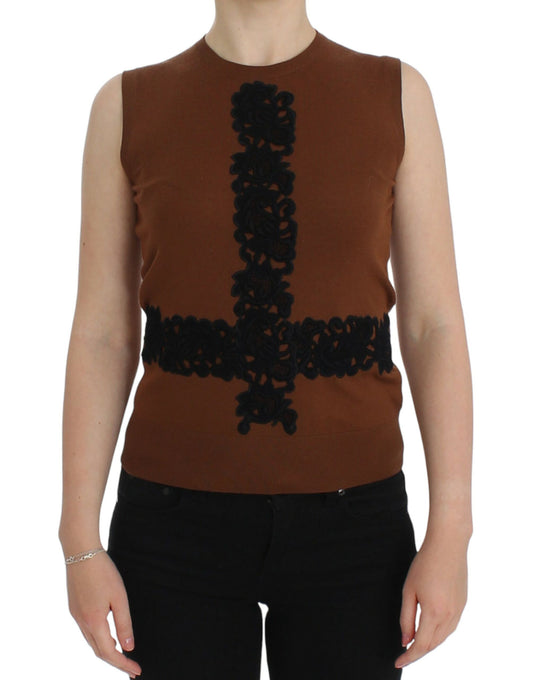 Dolce & Gabbana – Weste aus brauner Wolle mit schwarzer Spitze