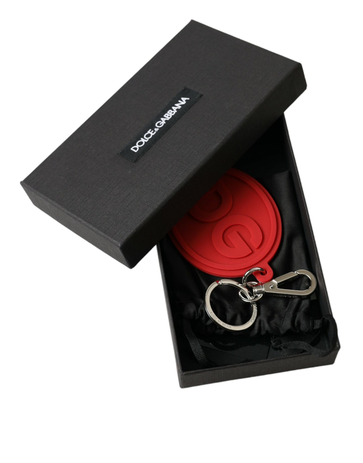 Dolce & Gabbana Schlüsselanhänger mit DG-Logo aus rotem Gummi und silbernem Messing