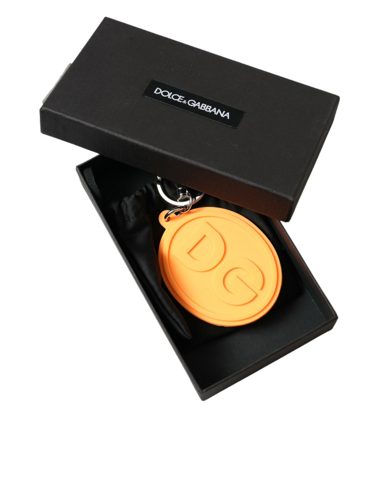 Dolce & Gabbana Schlüsselanhänger mit DG-Logo aus orangefarbenem Gummi und silbernem Messingmetall
