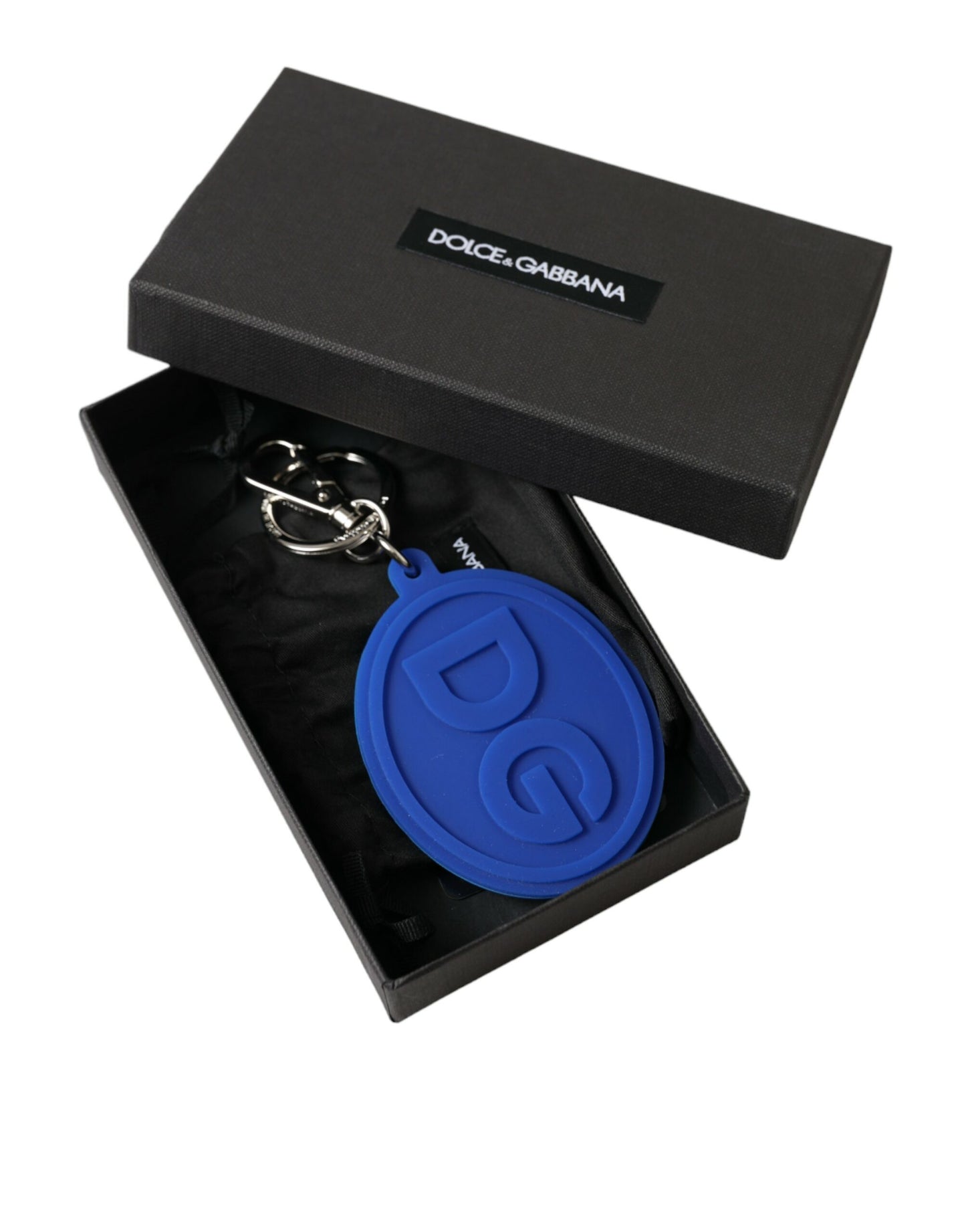 Dolce & Gabbana Schlüsselanhänger mit DG-Logo aus blauem Gummi und silbernem Messing