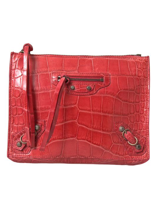 Balenciaga Rote Exotische Haut Leder Klassische Tasche Geldbörse Handgelenk Tasche