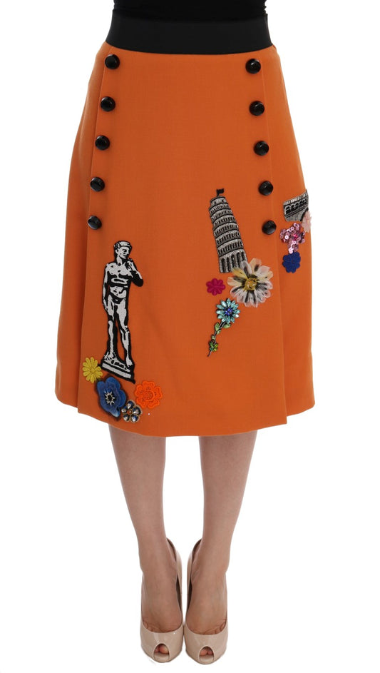 Dolce & Gabbana – Orangefarbener Wollrock mit Kristall-Pailletten-Applikationen