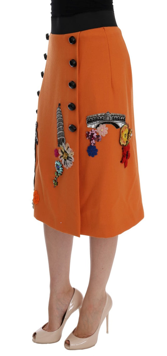Dolce & Gabbana – Orangefarbener Wollrock mit Kristall-Pailletten-Applikationen
