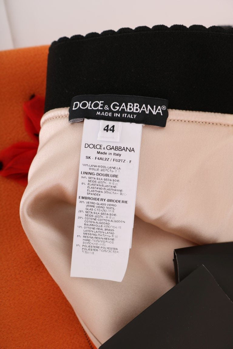Dolce & Gabbana – Orangefarbener Wollrock mit Kristall-Pailletten-Applikationen