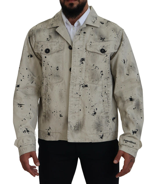 Dsquared² – Lässige Jeansjacke in Off-White mit schwarzem Splash-Print